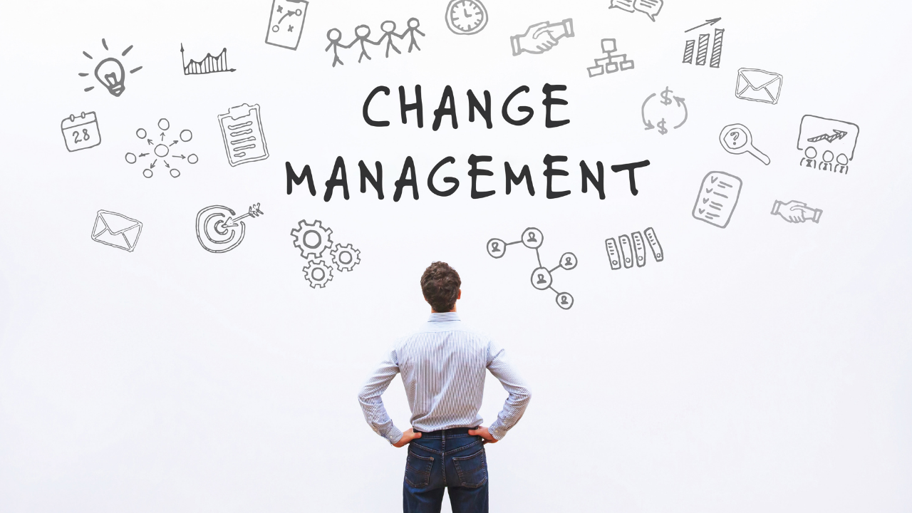 Change management illustration showing people moving through a transition